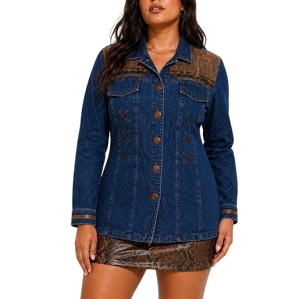 90s Vintage Western Denim Shirt Jacket Womens 14 Faux Snakeskin Studded Boho Top